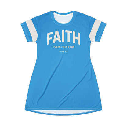 "Faith Overcomes Fear", T-Shirt Dress (Antipodean Blue)