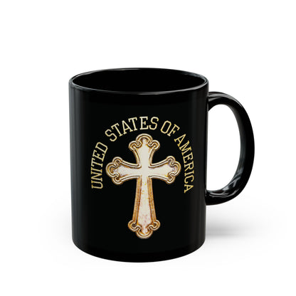 "USA Gold Cross", Black Mug (11oz & 15oz)