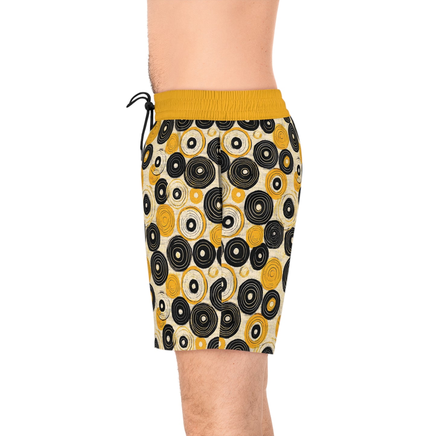 "Old 45's", Men's Mid-Length Swim Shorts (Cyber Yellow Cuffs)