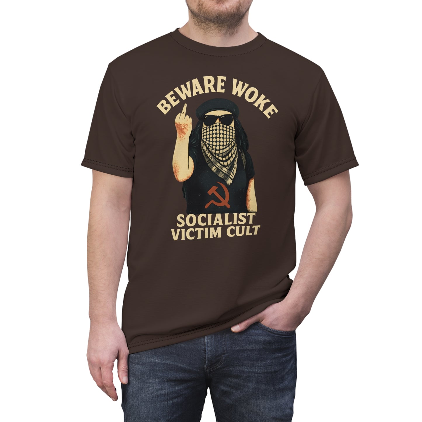 "Beware Woke - Voltaire", Wearable Art Unisex T-shirt (Skilandis Brown)