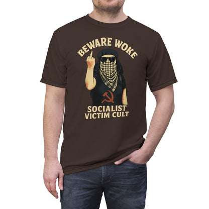 "Beware Woke - Voltaire", Wearable Art Unisex T-shirt (Skilandis Brown)