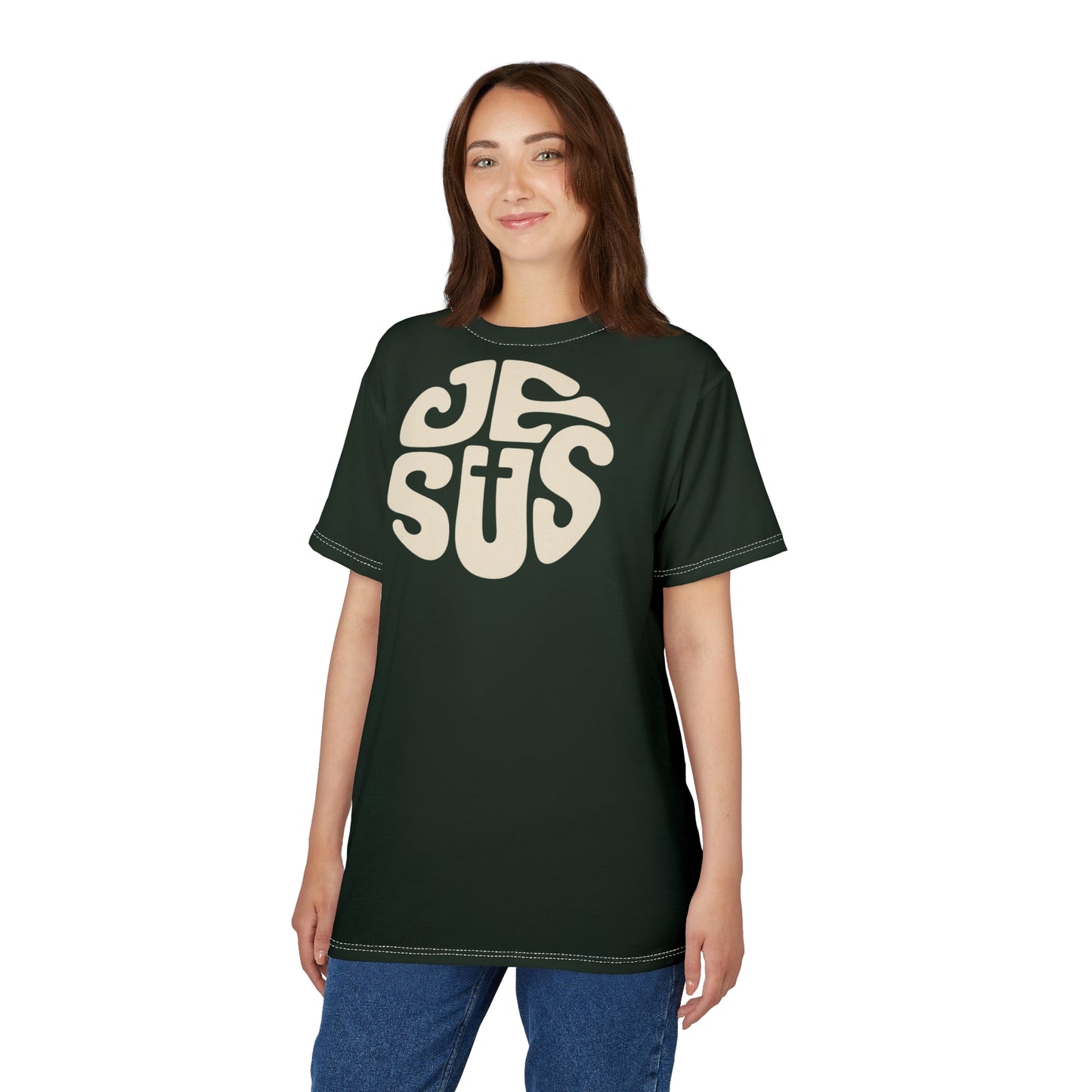 "Retro Jesus", Unisex T-shirt (Dark Woodland)