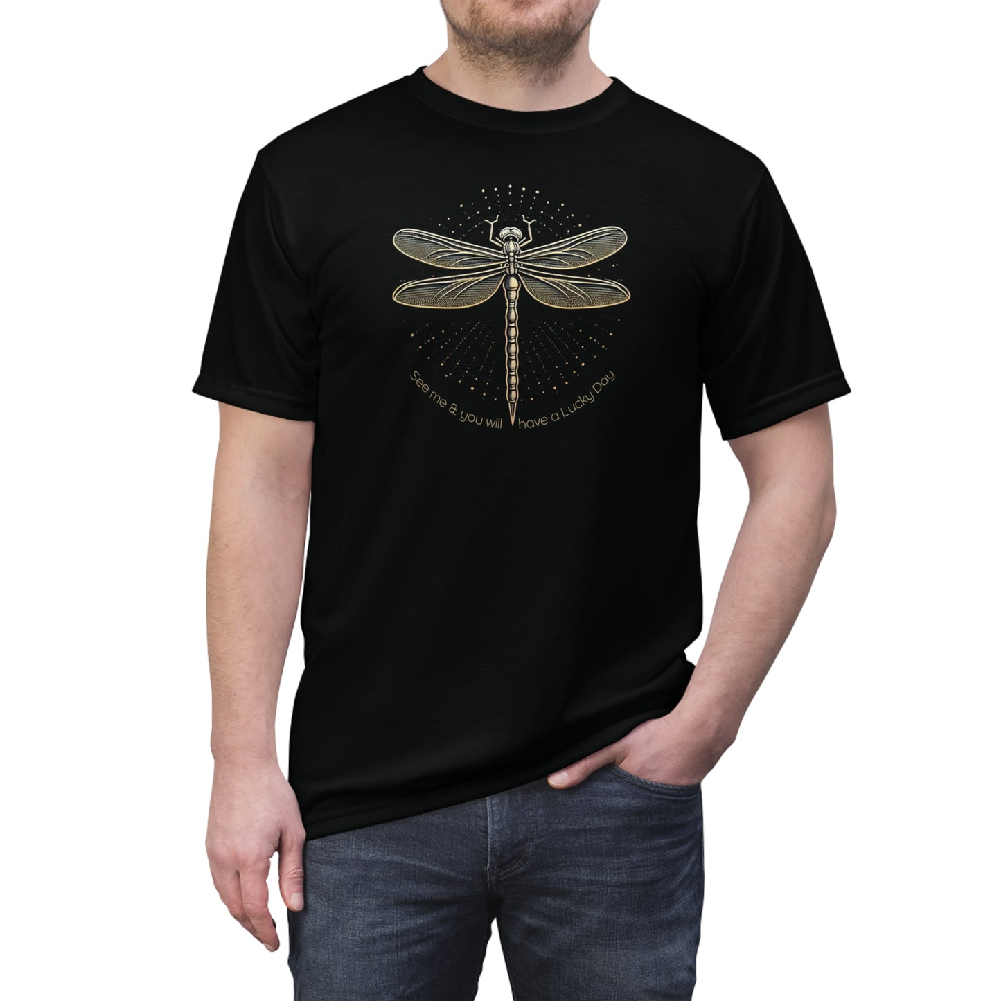 "Lucky Day Dragonfly", Wearable Fine Art Unisex T-shirt (Peatshadow Black)