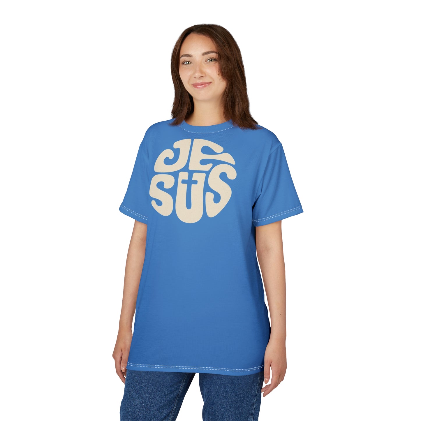 "Retro Jesus", Unisex T-shirt (Pop Cyan-Atlantic)