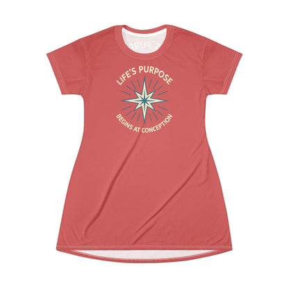 "Life's Purpose Begins at Conception #01", T-Shirt Dress (Faded Cherry)