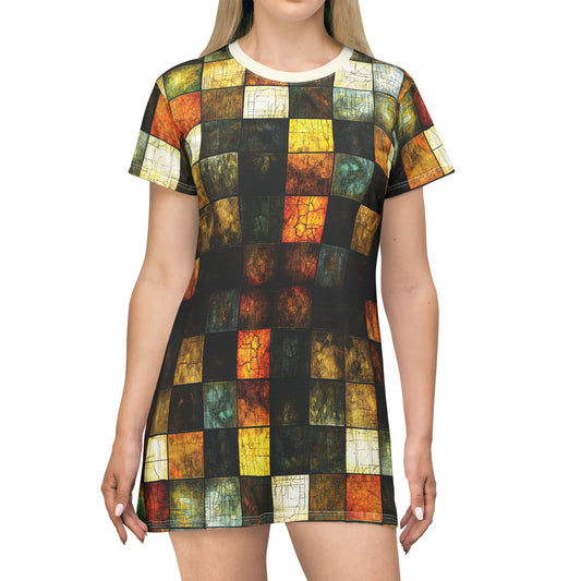 "Wood Block Pattern" #01, Wearable Fine Art T-Shirt Dress (Ivory Collar)