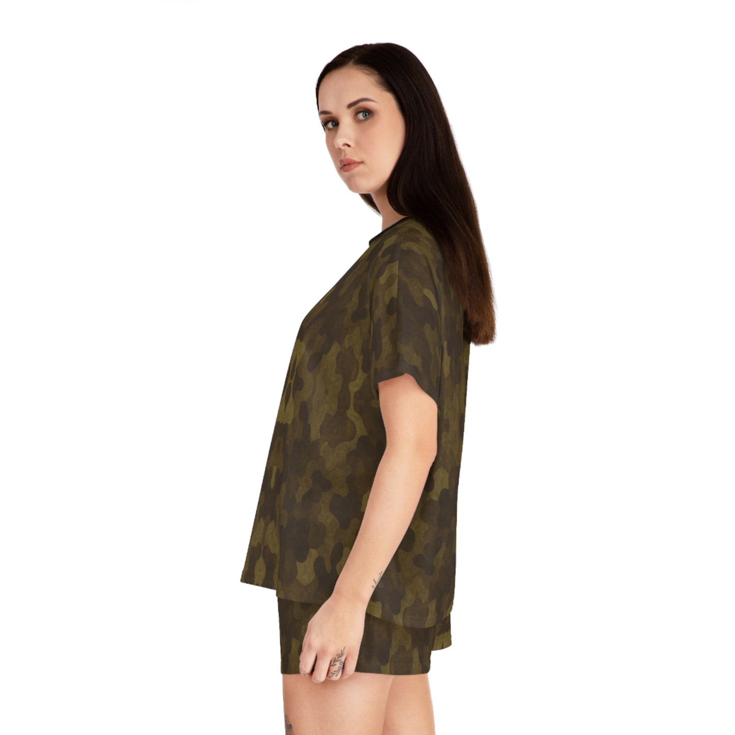 "Swamp Recon Camouflage", Women's Short Pajama Set (Black Collar & Waist)