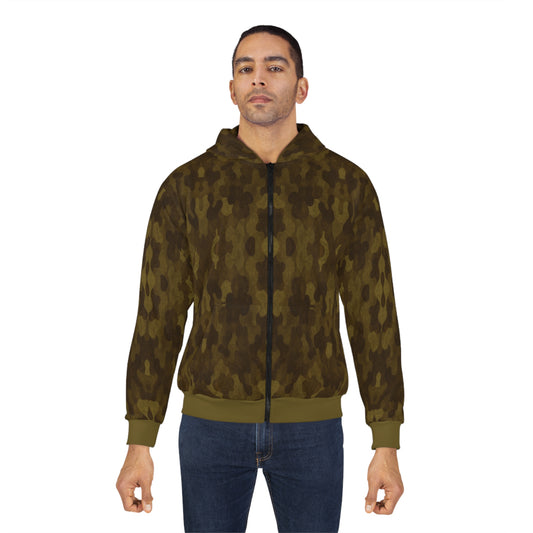 "Swamp Recon Camouflage", Unisex Wearable Art Zip Hoodie (Bogbrush Olive Cuffs and Waist)