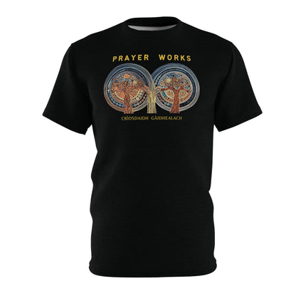 "Prayer Works – Gaelic Christian", Wearable Fine Art Unisex T-shirt (Peatshadow Black)