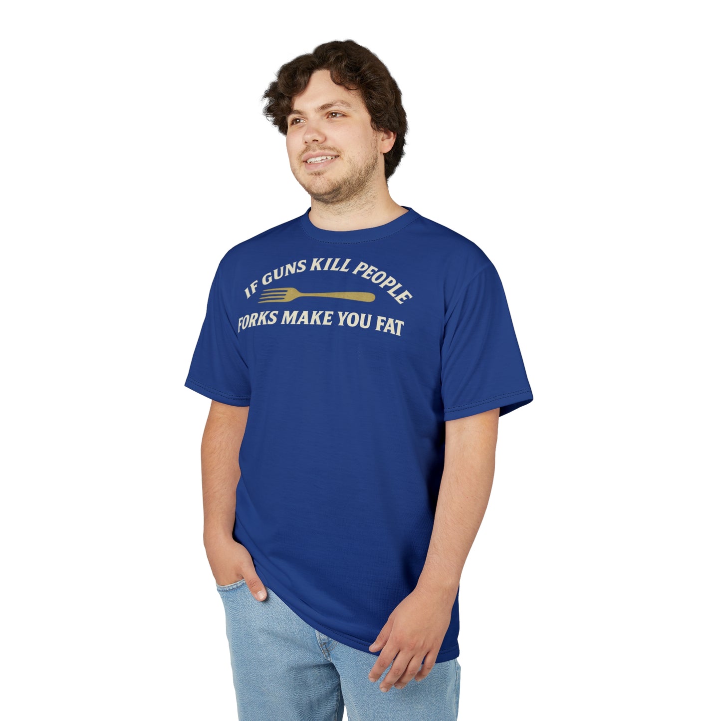 ''Forks Make You Fat", Unisex T-shirt (Indigo Hamlet)