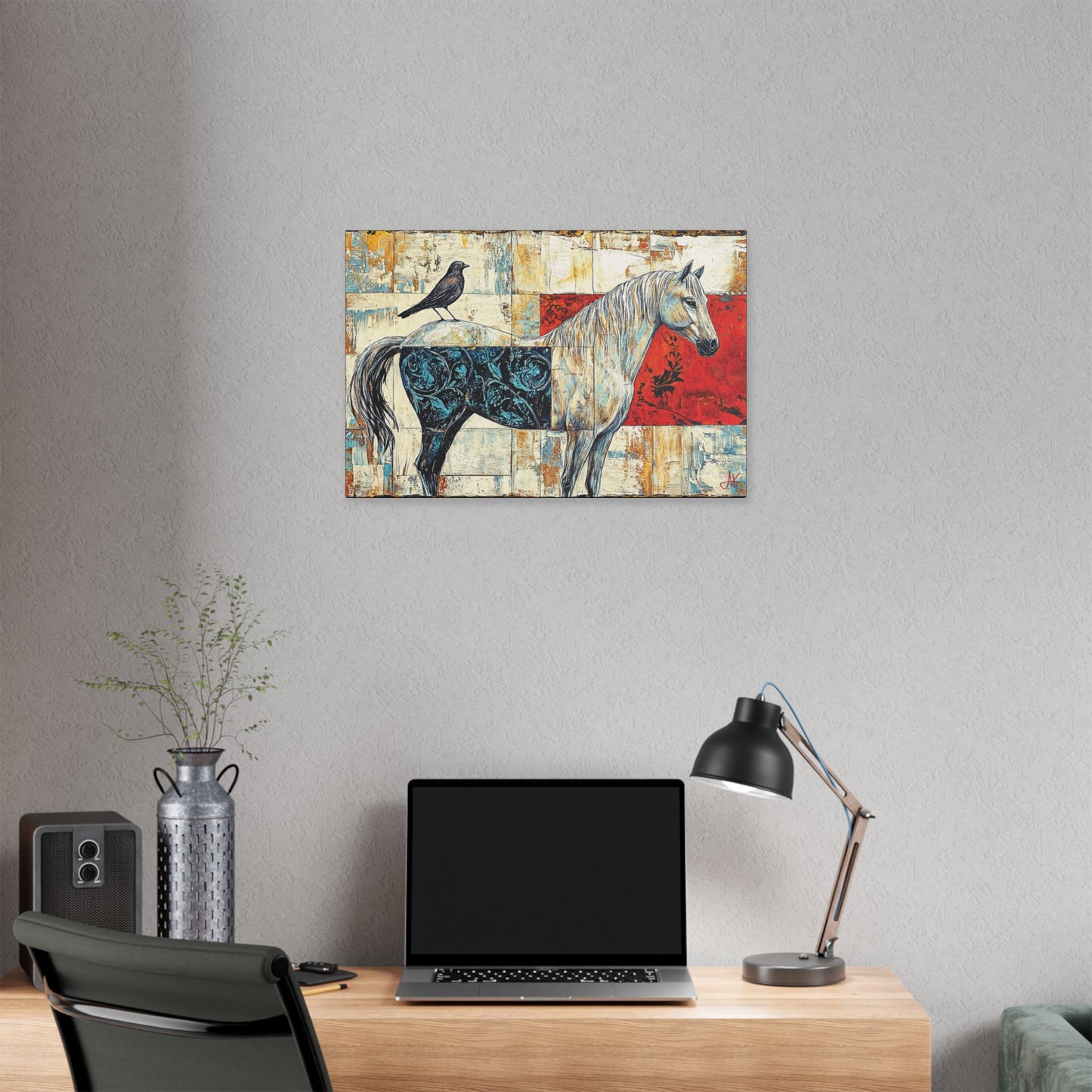 "Series: White Horse with Bird #01", Stretched Classic Canvas Fine Art Print