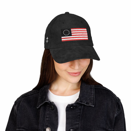 "Betsy Ross Flag + Steadfast Cross", Vintage Corduroy Cap (Embroidery)