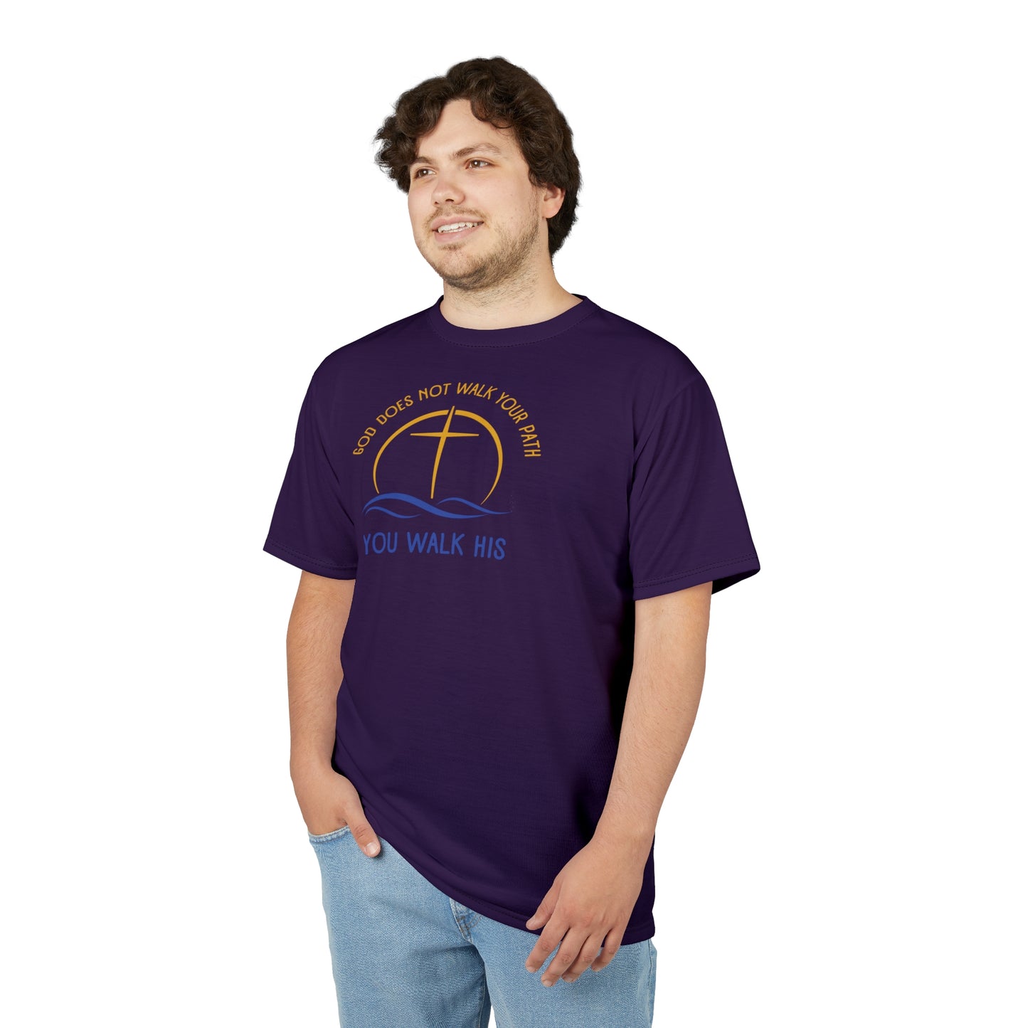 "God Does Not Walk Your Path", Unisex T-shirt (Academic Purple)