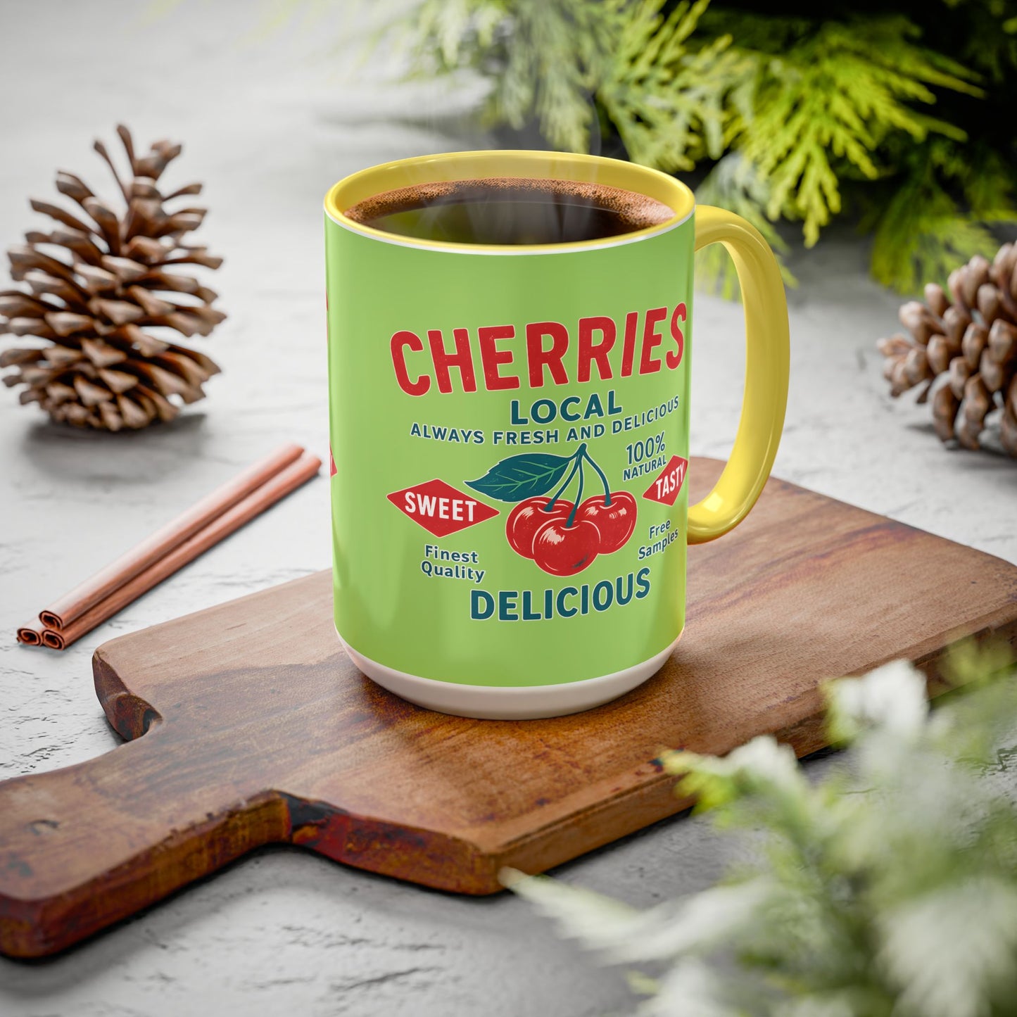 "Delicious Cherries", Colorful Mugs (11oz, 15oz) (Orchard Lime)