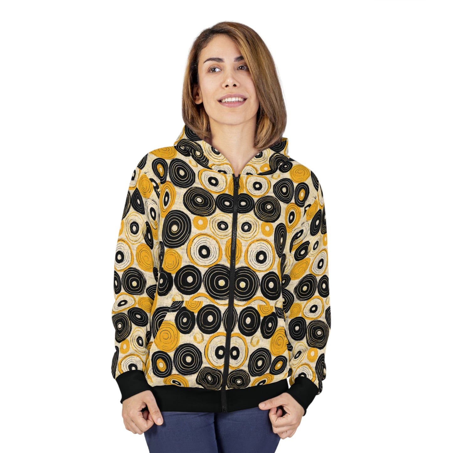 "Old 45's", Wearable Pattern Art Unisex Zip Hoodie (70's Black Cuffs)