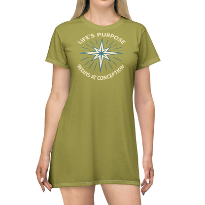 "Life's Purpose Begins at Conception #01", T-Shirt Dress (Lentil Sprout)