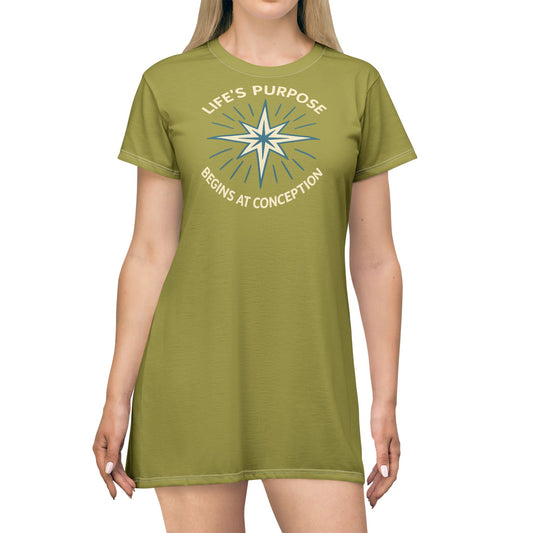"Life's Purpose Begins at Conception #01", T-Shirt Dress (Lentil Sprout)