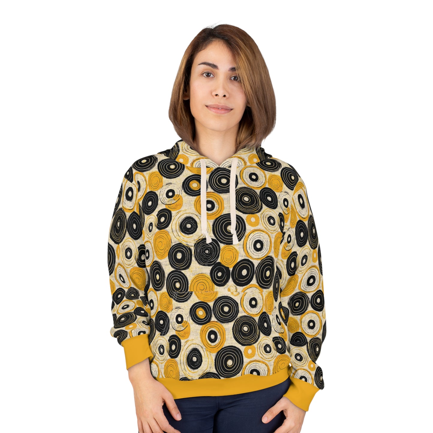 "Old 45's", Unisex Wearable Art Pullover Hoodie (Cyber Yellow Cuffs)