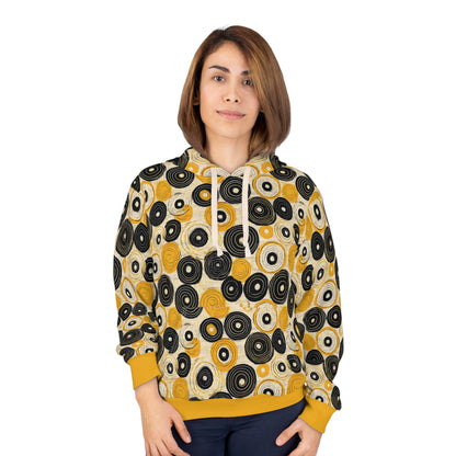 "Old 45's", Unisex Wearable Art Pullover Hoodie (Cyber Yellow Cuffs)