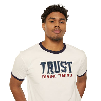 "Trust Divine Timing" #02, Unisex Cotton Ringer T-Shirt