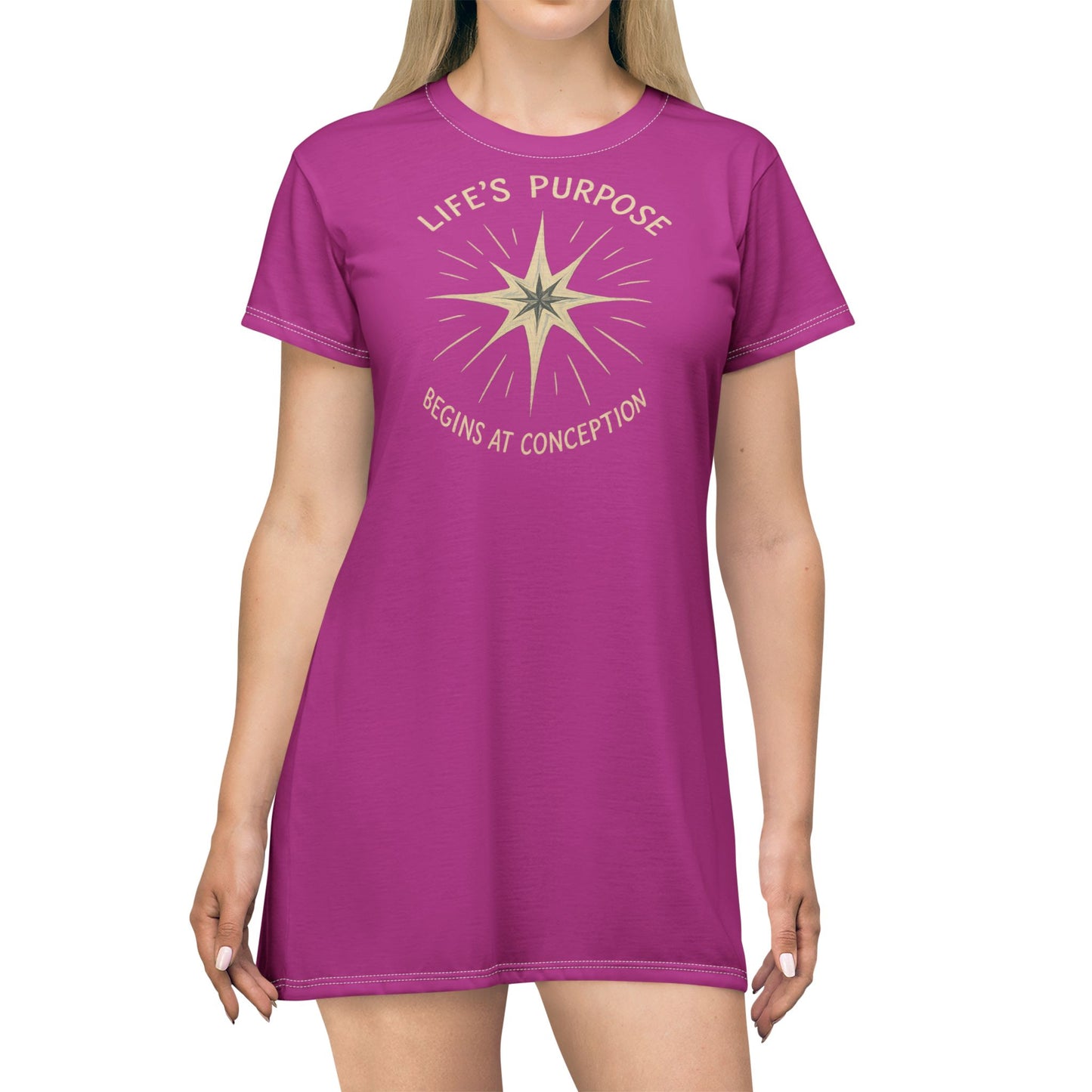 "Life's Purpose Begins at Conception #02", T-Shirt Dress (Prairie Foxglove)