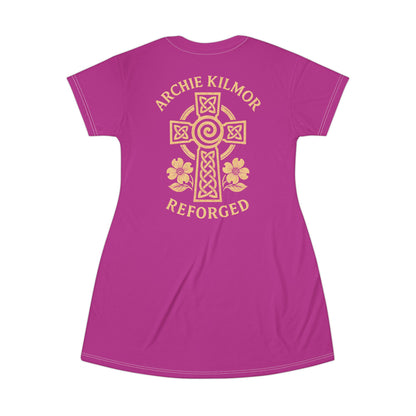"Archie Kilmor Cross - Reforged" #01, Wearable Art T-Shirt Dress (Prairie Foxglove Pink)
