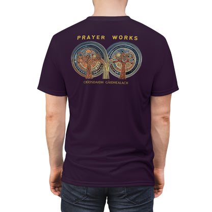 "Prayer Works – Gaelic Christian", Wearable Fine Art Unisex T-shirt (Dark Bramble)