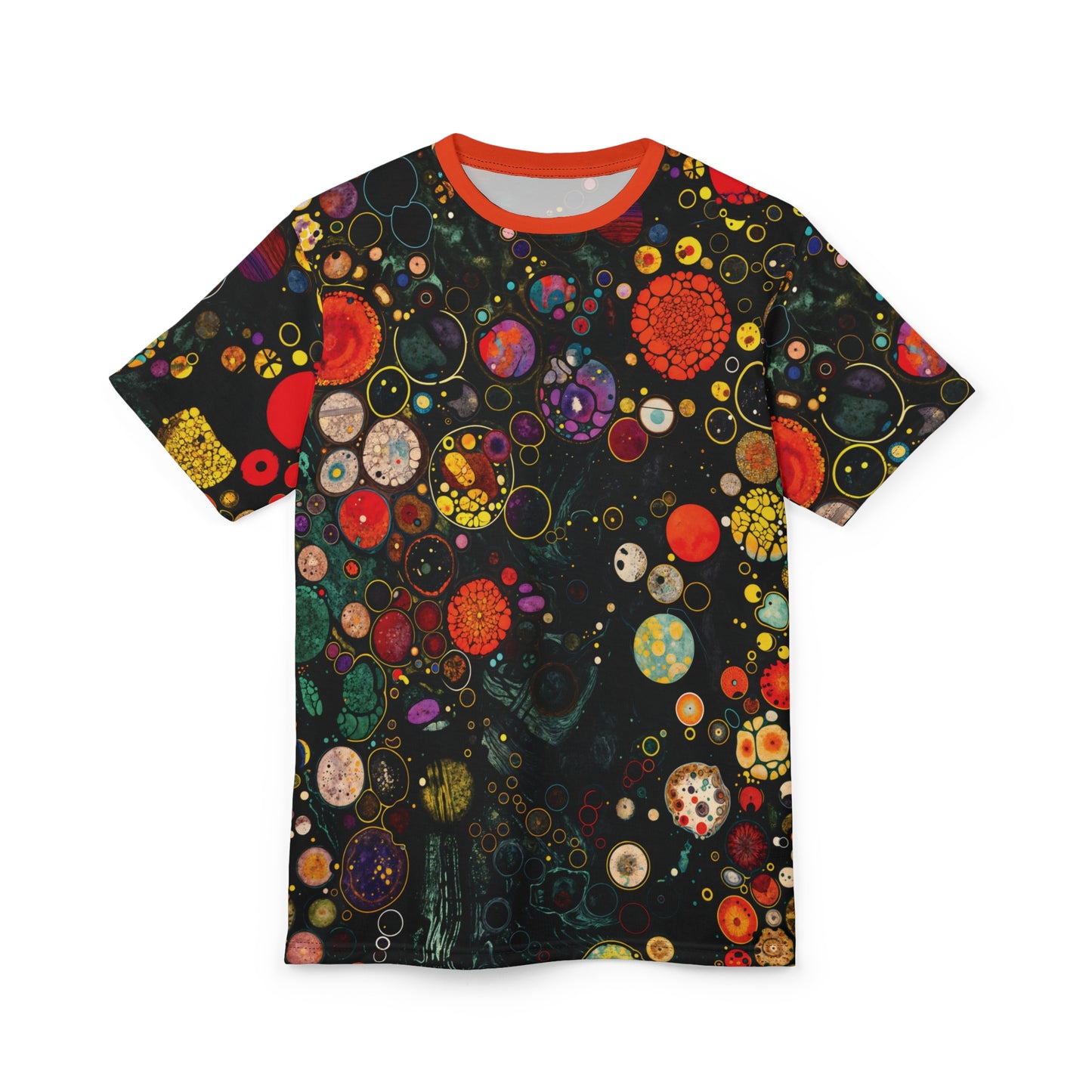 "Divine Riddle", Wearable Fine Art Unisex T-shirt (Tangelo Orange Collar)