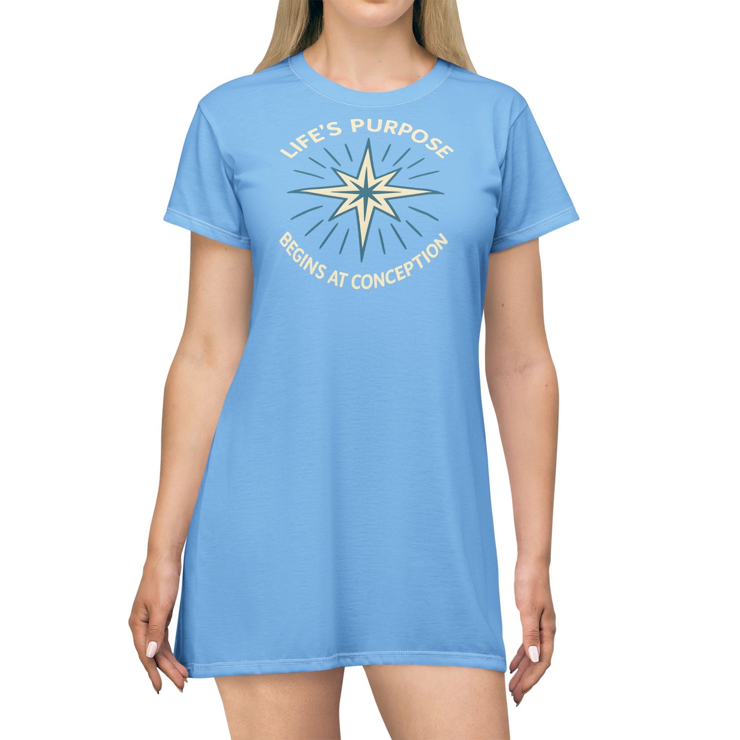 "Life's Purpose Begins at Conception #01", T-Shirt Dress (Chromis Damsel Blue)
