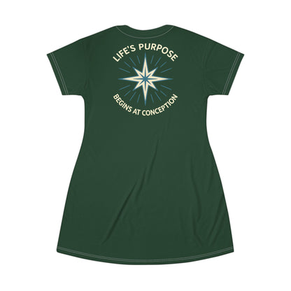 "Life's Purpose Begins at Conception #01", T-Shirt Dress (Rainforest Green)