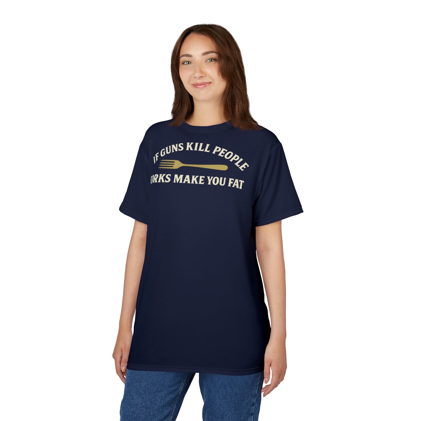 ''Forks Make You Fat", Unisex T-shirt (Squid Ink Blue)
