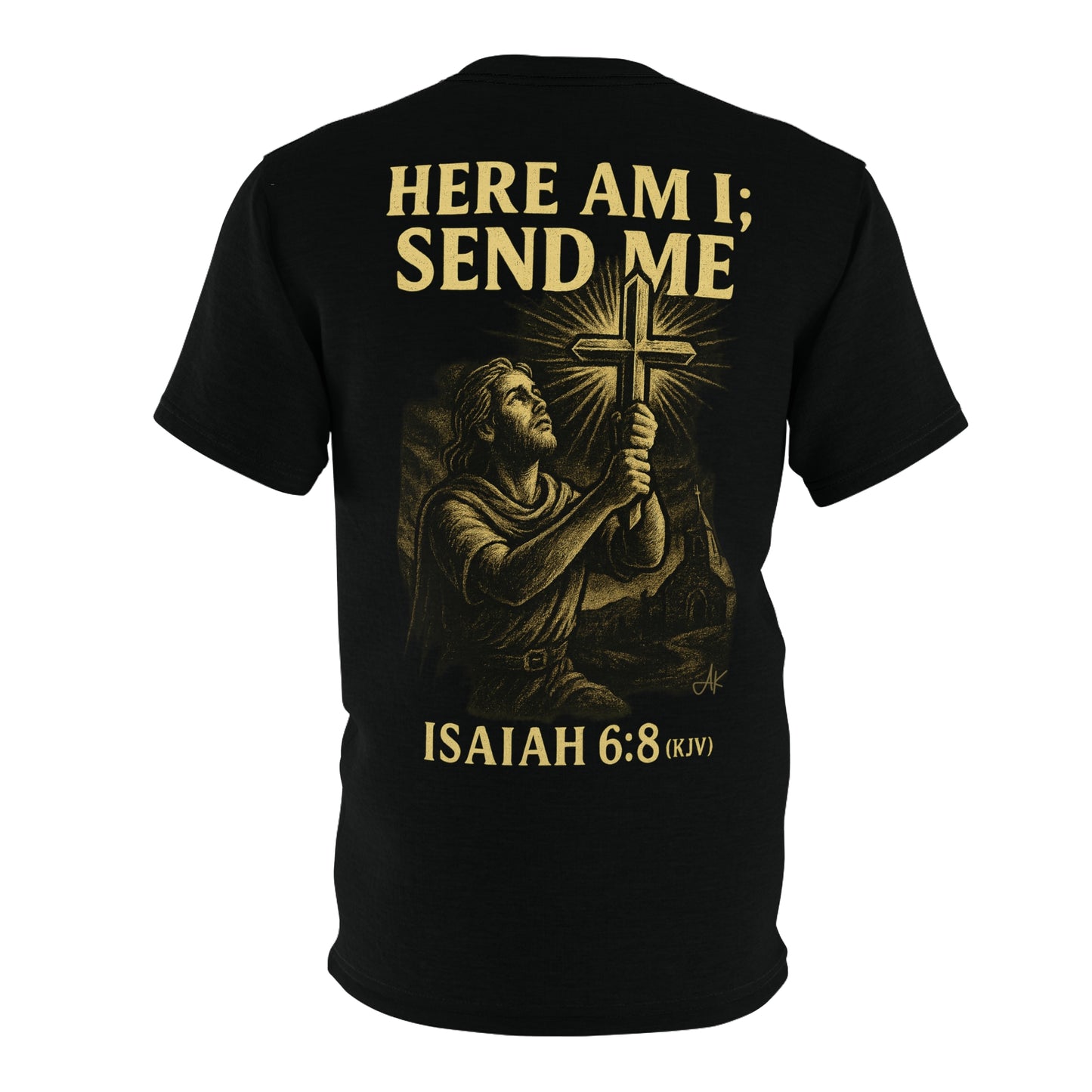 "Isaiah 6:8 (KJV)", Wearable Art Unisex T-shirt (Peatshadow Black)