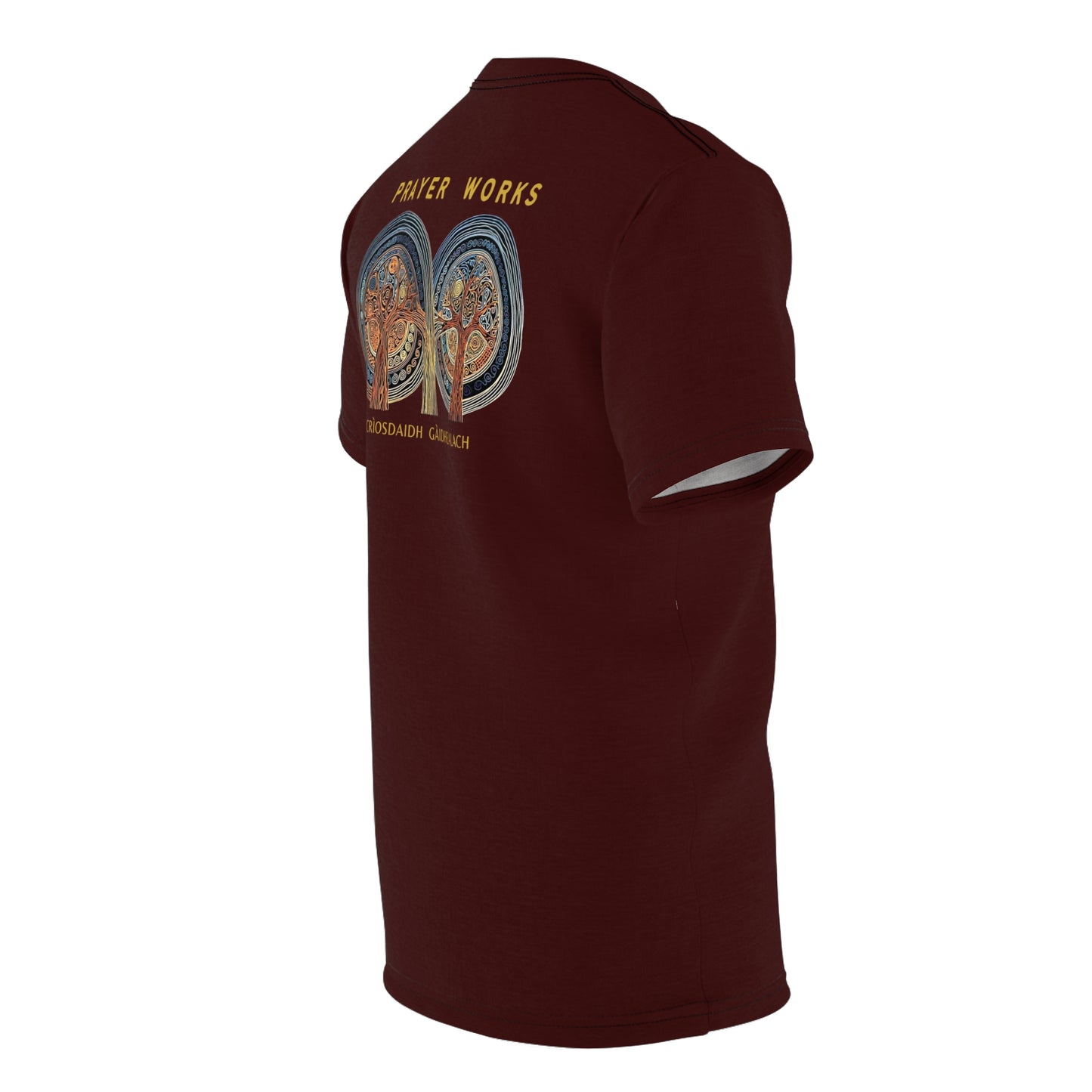 "Prayer Works – Gaelic Christian", Wearable Fine Art Unisex T-shirt (Mahogany)