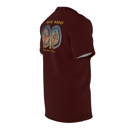 "Prayer Works – Gaelic Christian", Wearable Fine Art Unisex T-shirt (Mahogany)