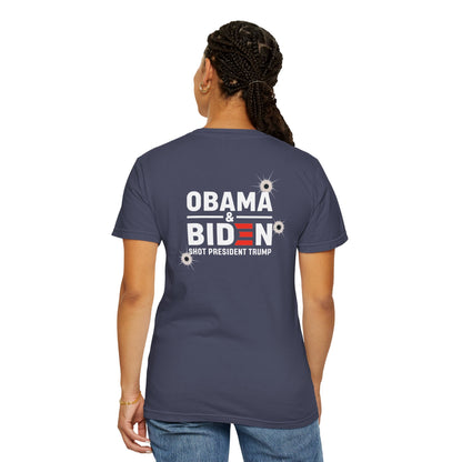 "Obama & Biden Shot President Trump", Unisex Black T-shirt