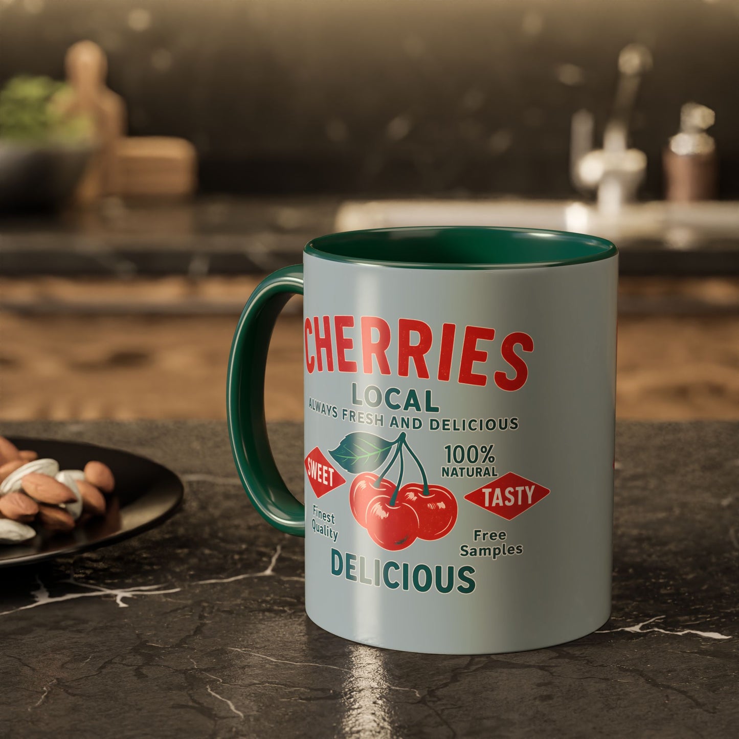 "Delicious Cherries", Colorful Mugs (11oz, 15oz) (Washed Silver-Blue)