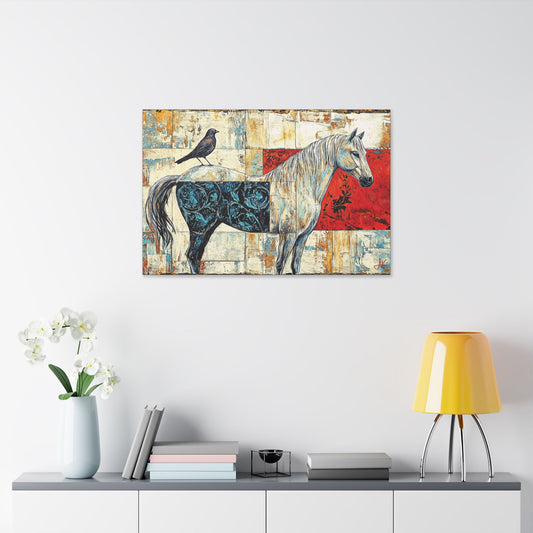 "Series: White Horse with Bird #01", Stretched Classic Canvas Fine Art Print