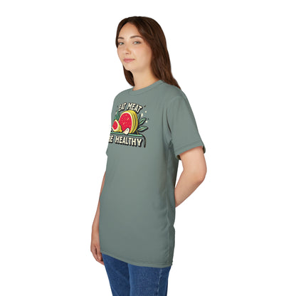 "Eat Meat & Be Healthy", Unisex T-shirt (Hebridean Flint)