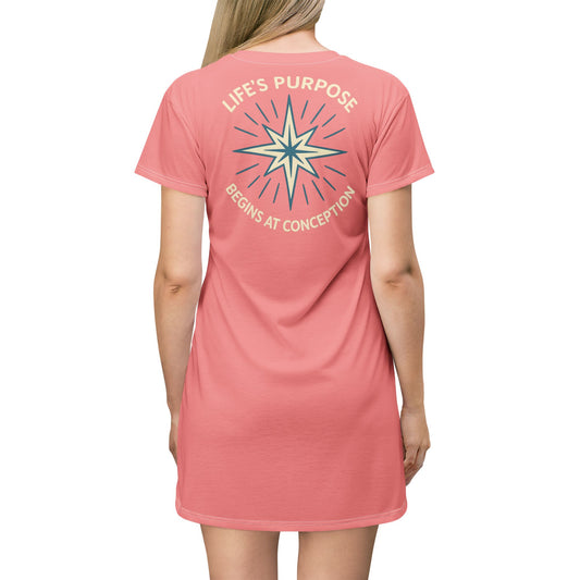 "Life's Purpose Begins at Conception #01", T-Shirt Dress (Pastel Red)