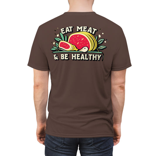 "Eat Meat & Be Healthy", Unisex T-shirt (Zanzibar Brown)