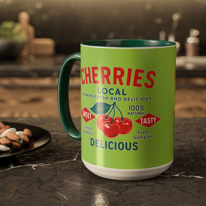 "Delicious Cherries", Colorful Mugs (11oz, 15oz) (Orchard Lime)