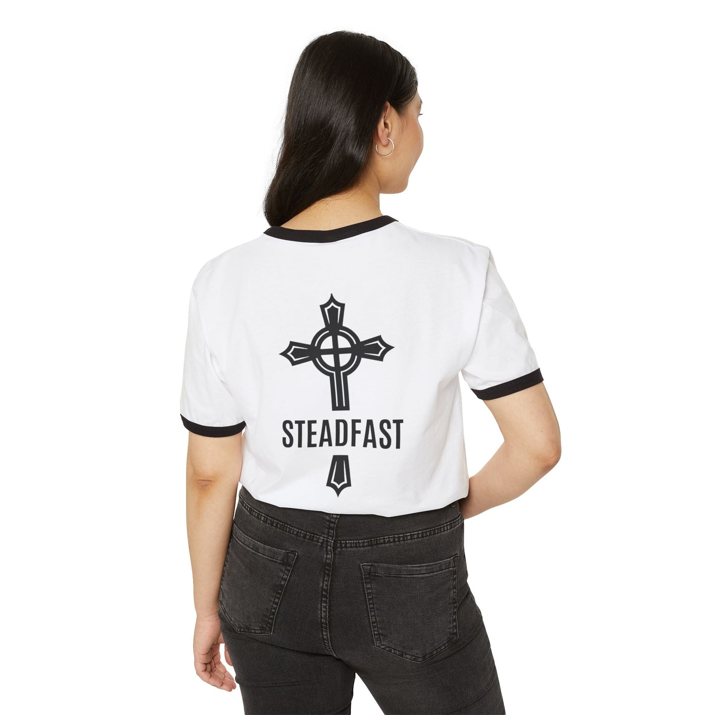 "Steadfast Cross", Unisex Cotton Ringer T-Shirt