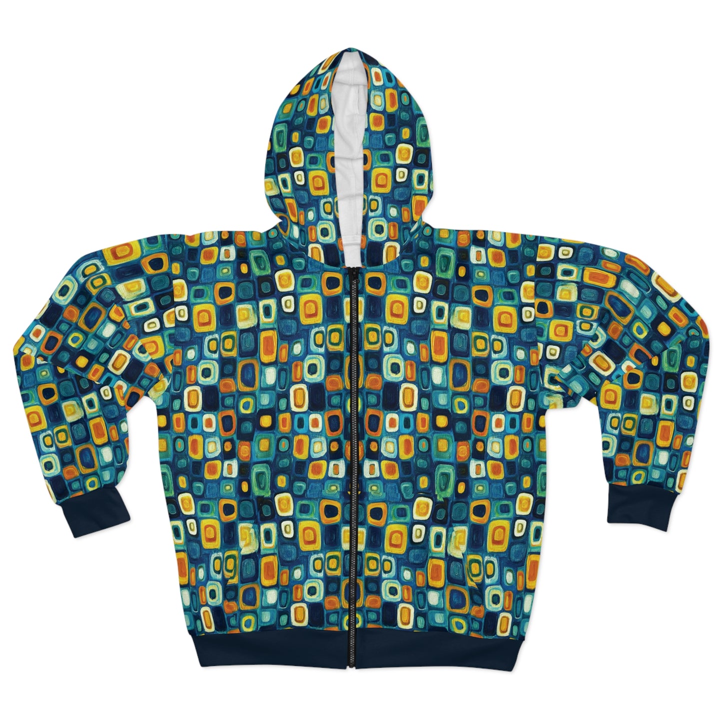 "Soul Mosaic", Unisex Wearable Art Zip Hoodie (Birlinn Blue Cuffs & Waistband)