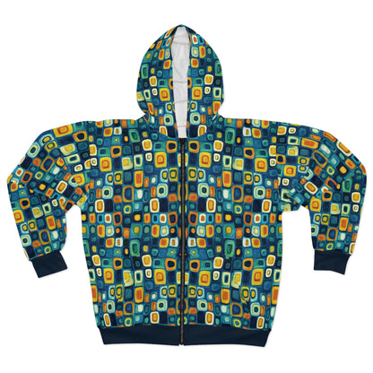 "Soul Mosaic", Unisex Wearable Art Zip Hoodie (Birlinn Blue Cuffs & Waistband)
