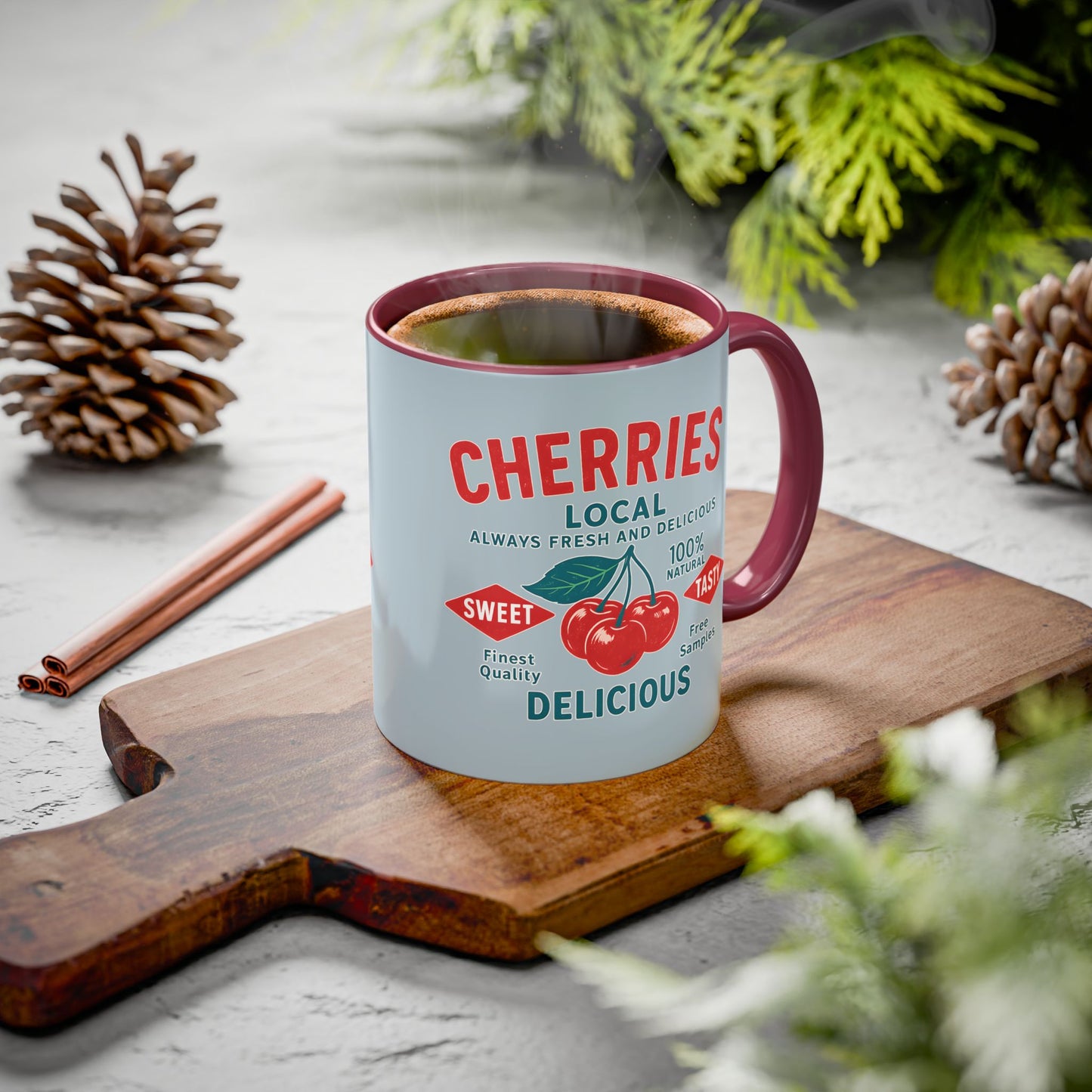 "Delicious Cherries", Colorful Mugs (11oz, 15oz) (Washed Silver-Blue)