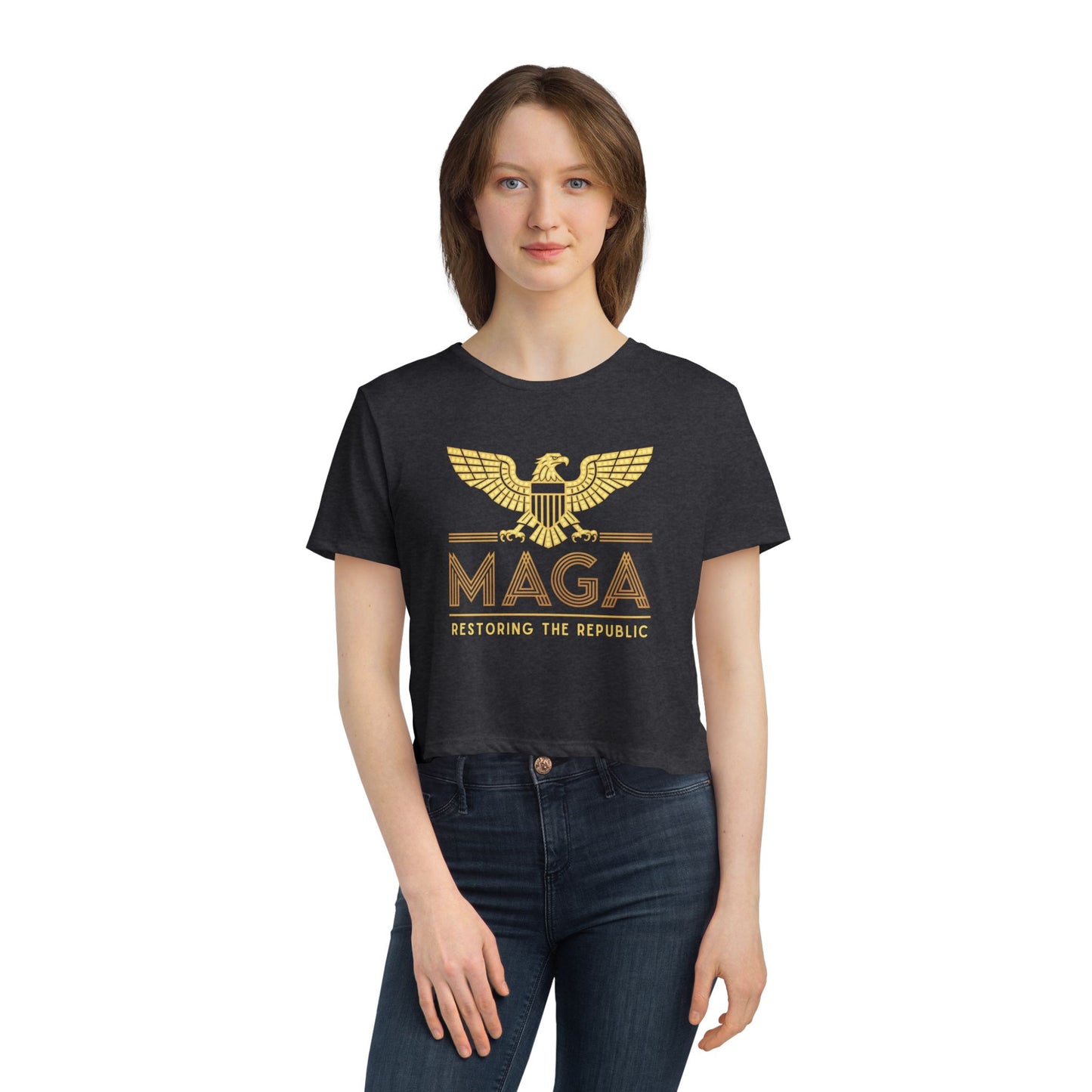 "MAGA - Restoring the Republic", Women's Flowy Cropped Tee (Black or Grey)