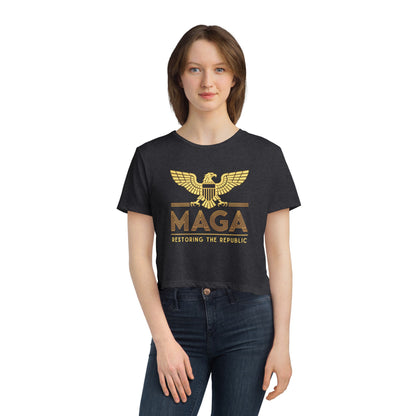 "MAGA - Restoring the Republic", Women's Flowy Cropped Tee (Black or Grey)