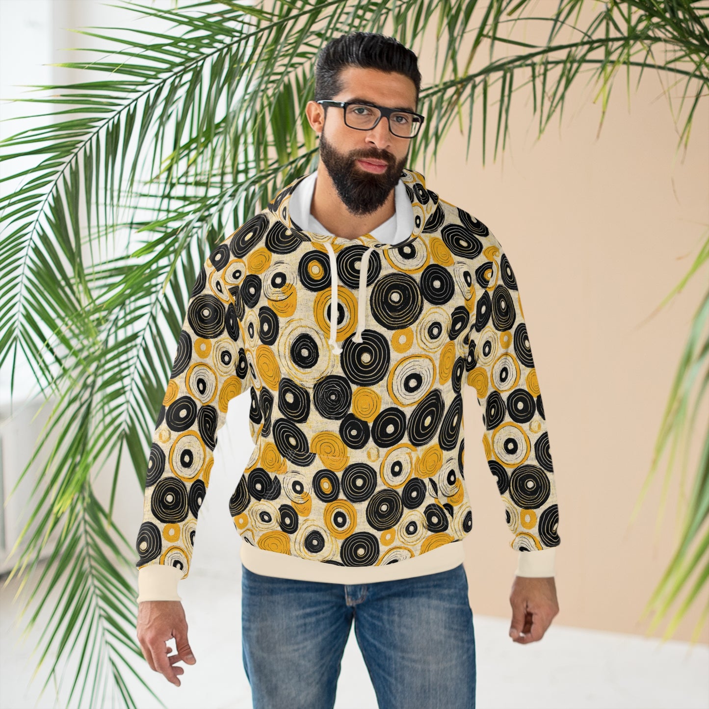 "Old 45's", Unisex Wearable Art Pullover Hoodie (Dough White Cuffs)