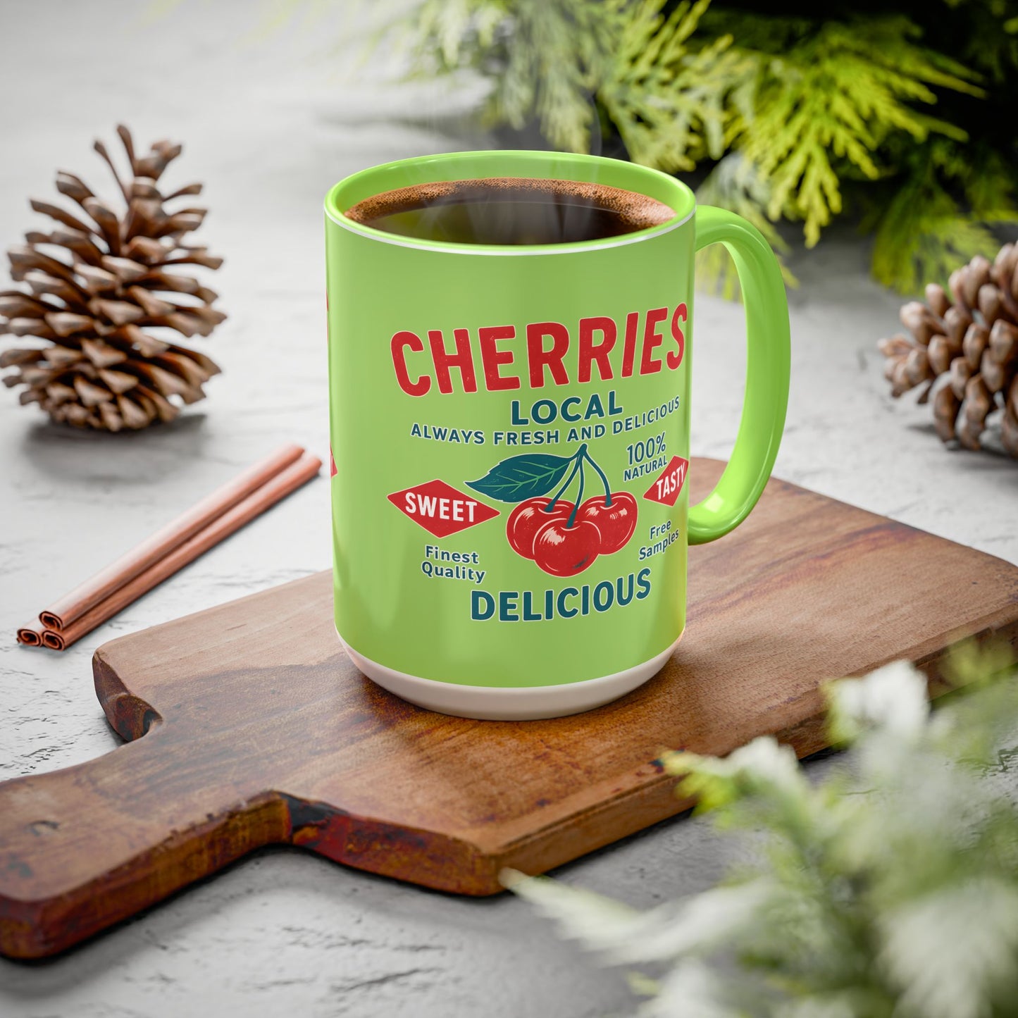 "Delicious Cherries", Colorful Mugs (11oz, 15oz) (Orchard Lime)
