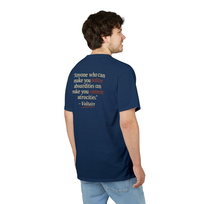 "Beware Woke - Voltaire", Wearable Art Unisex T-shirt (Höpfner Blue)